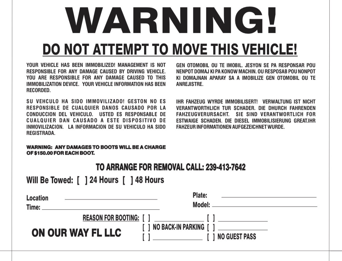 Warning notice for immobilized vehicle